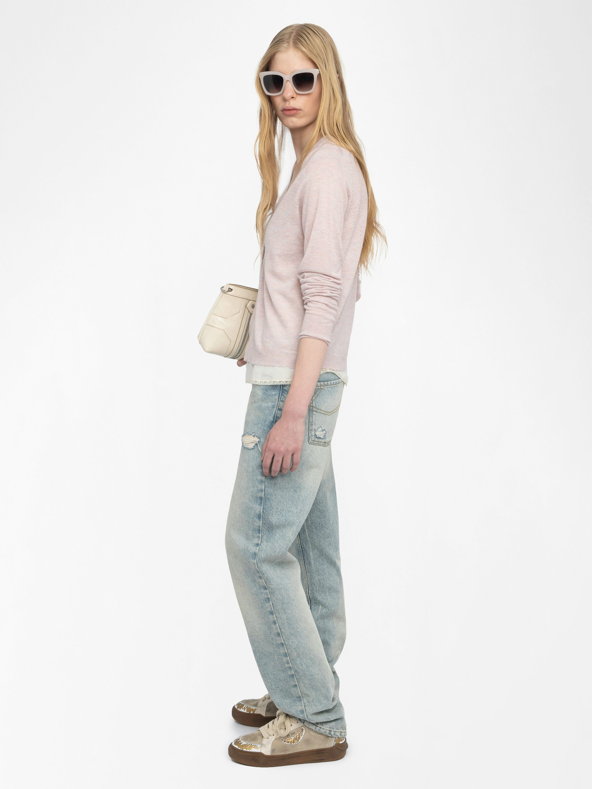 Manylla Cashmere Cardigan - V-neck cardigan with a square rhinestone button closure.